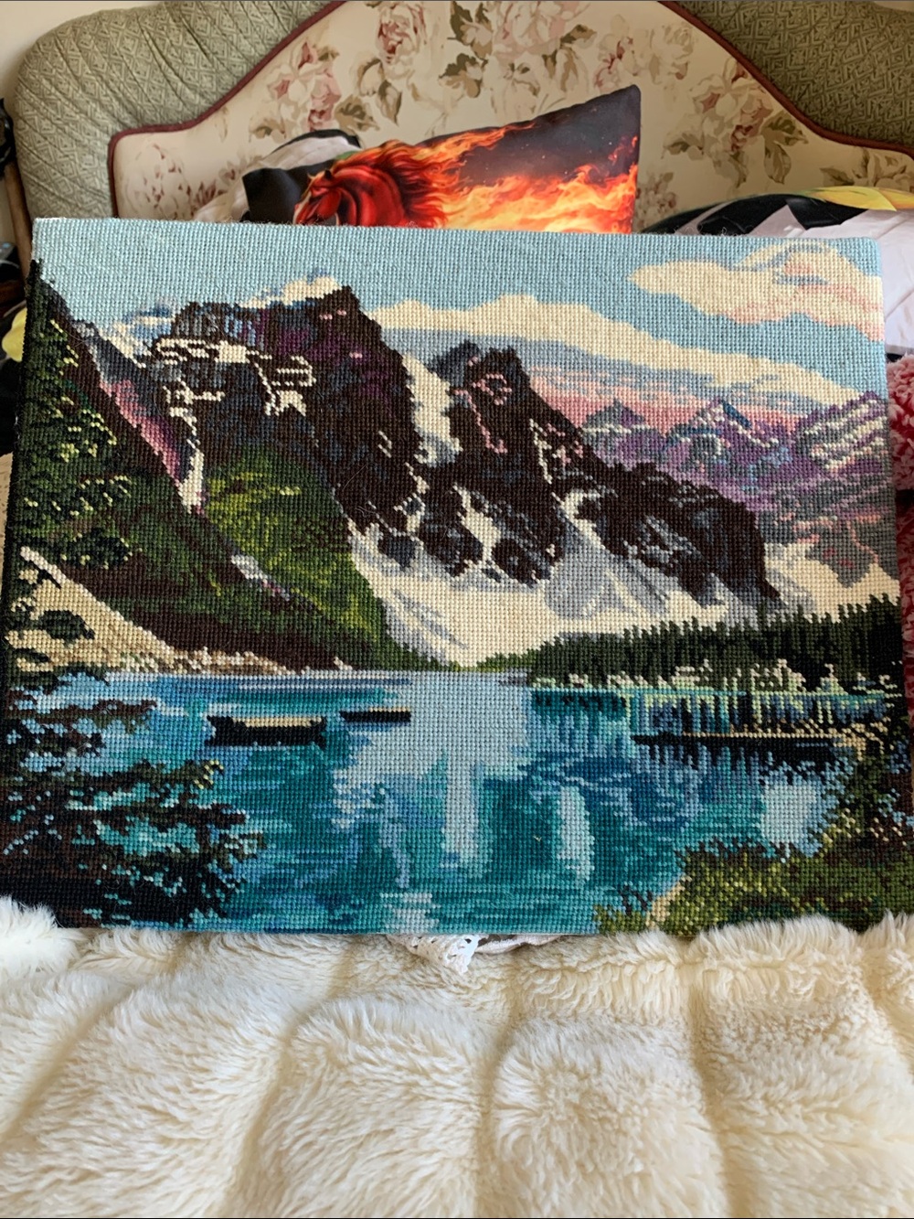 Vintage nature needlepoint mountains water landscape masterpiece unframed